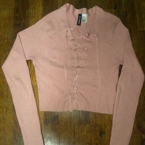 lace up long sleeve pink crop top
